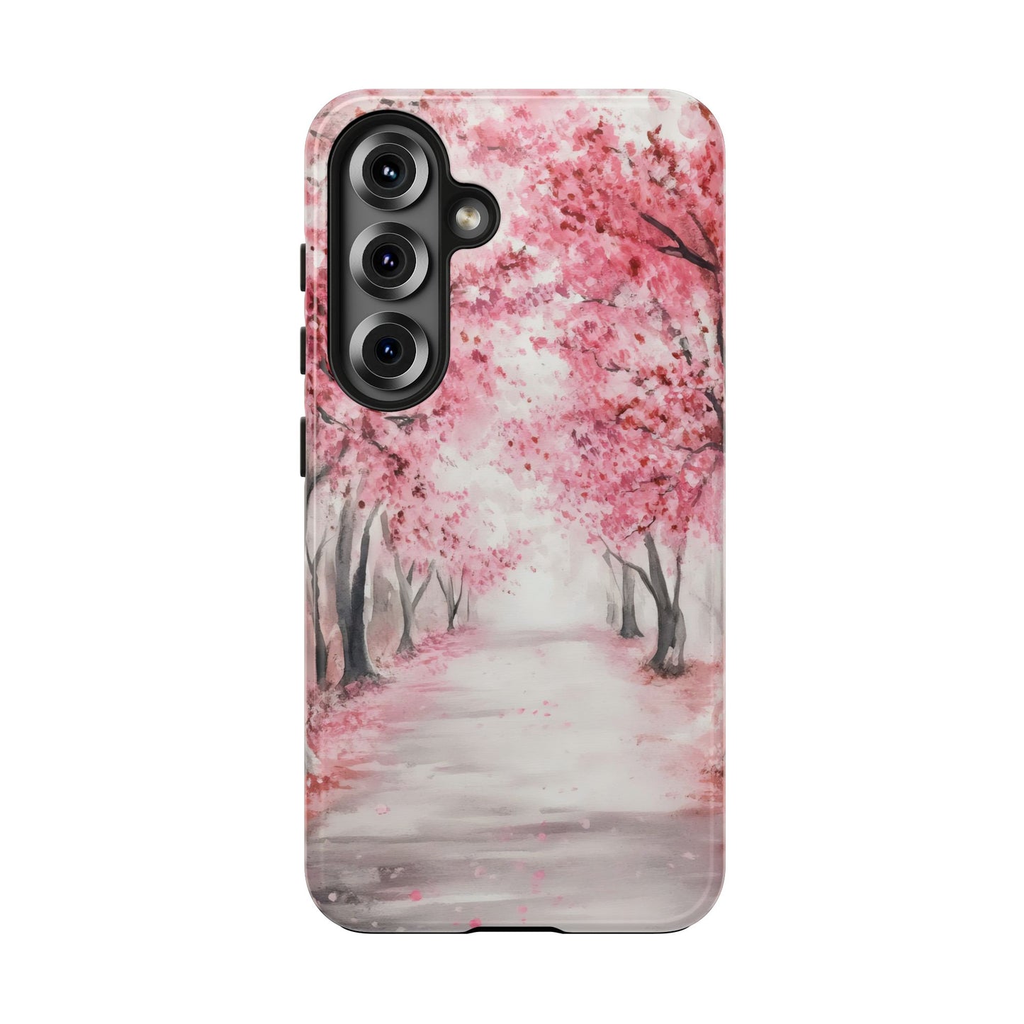 Phone case with pink cherry blossom trees on a peaceful path watercolor design