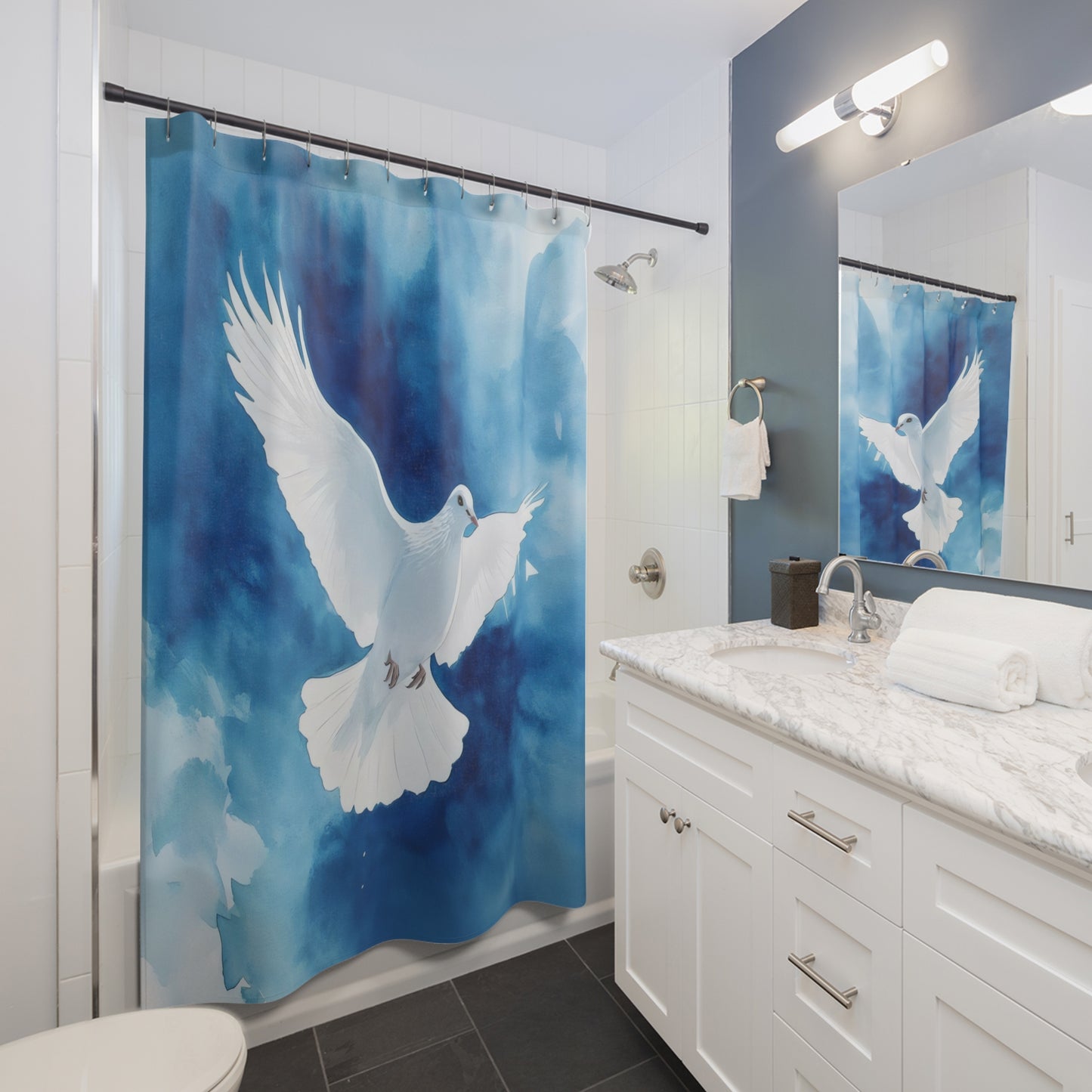 White dove shower curtain in modern bathroom with blue and white decor, faith-inspired home accent