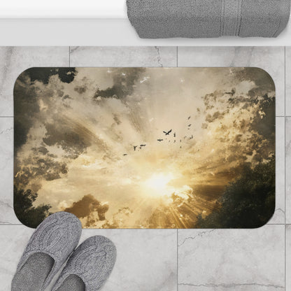 Bathroom rug with sun rays, clouds, and birds design on marble tile floor with gray slippers