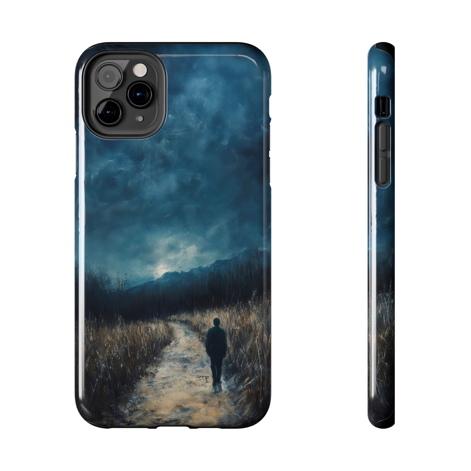 Phone case featuring silhouette walking on a moody path under a dark blue night sky