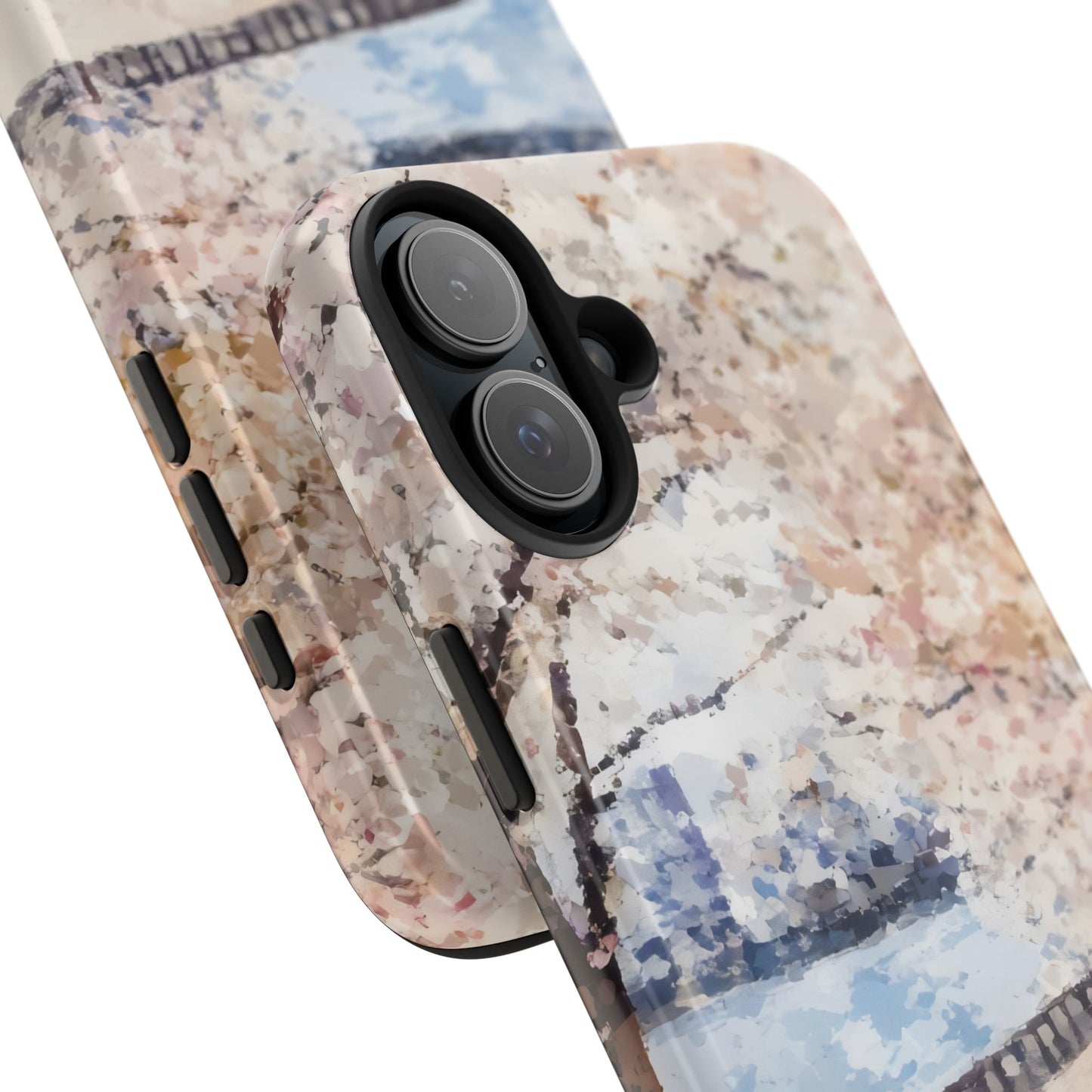 Abstract floral pastel art phone case with dual camera cutout, close-up view