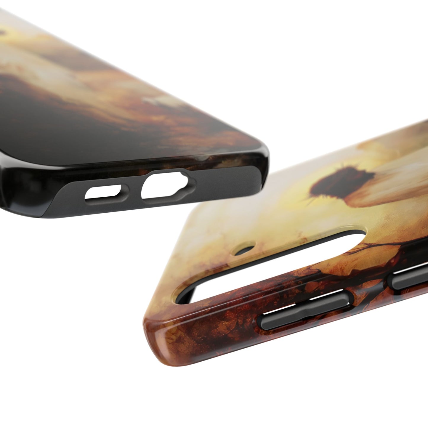 Close-up of two glossy phone cases with abstract, spiritual art in warm earth tones