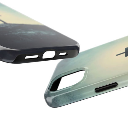 Christian phone cases with cross and serene sunset landscape design, inspirational accessory