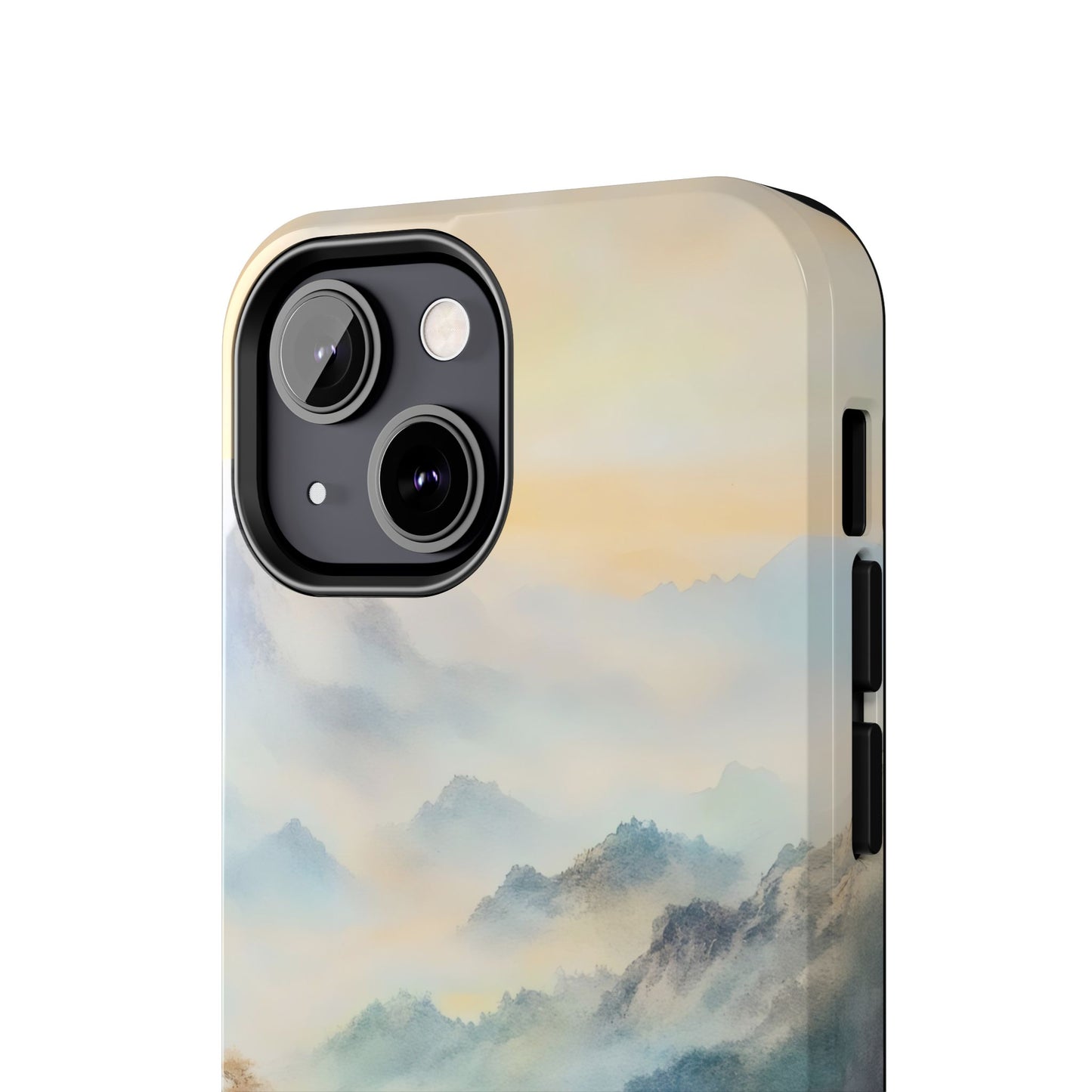 iPhone case with serene watercolor mountain landscape and pastel sky design