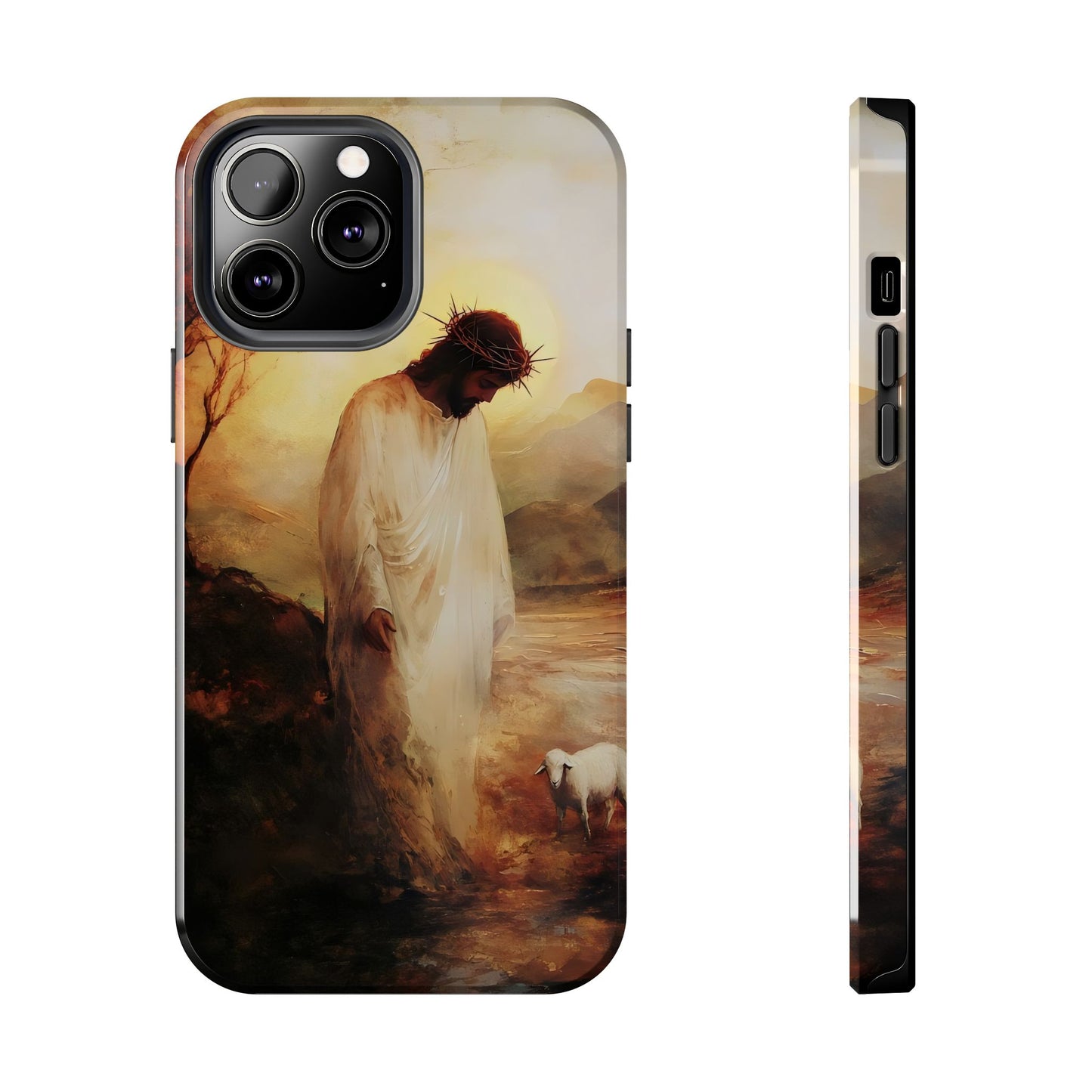 Christian phone case with Jesus in white robe and crown of thorns beside a lamb in a serene landscape