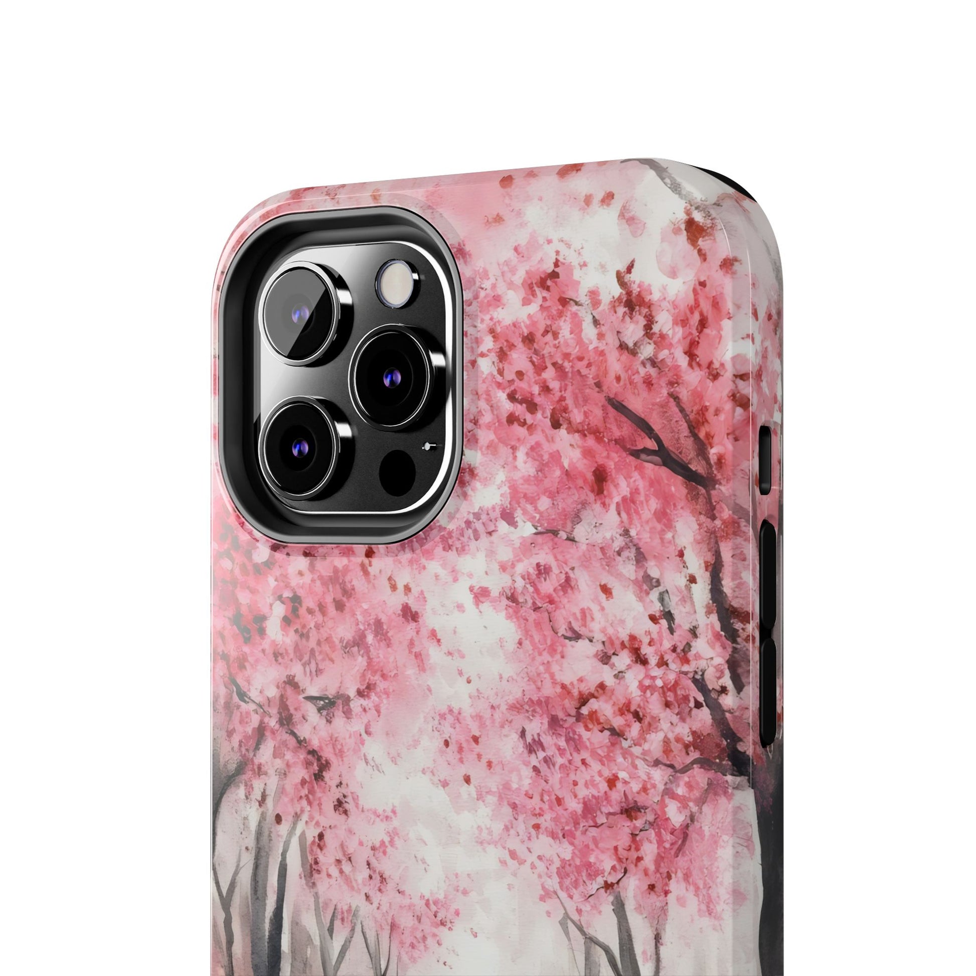 iPhone case with pink watercolor cherry blossom tree design, artistic phone accessory