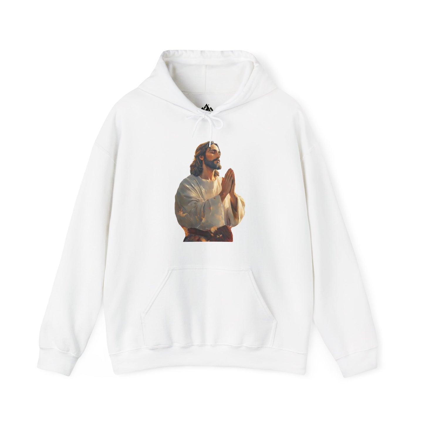 White hoodie featuring praying Jesus illustration, Christian faith apparel, spiritual design