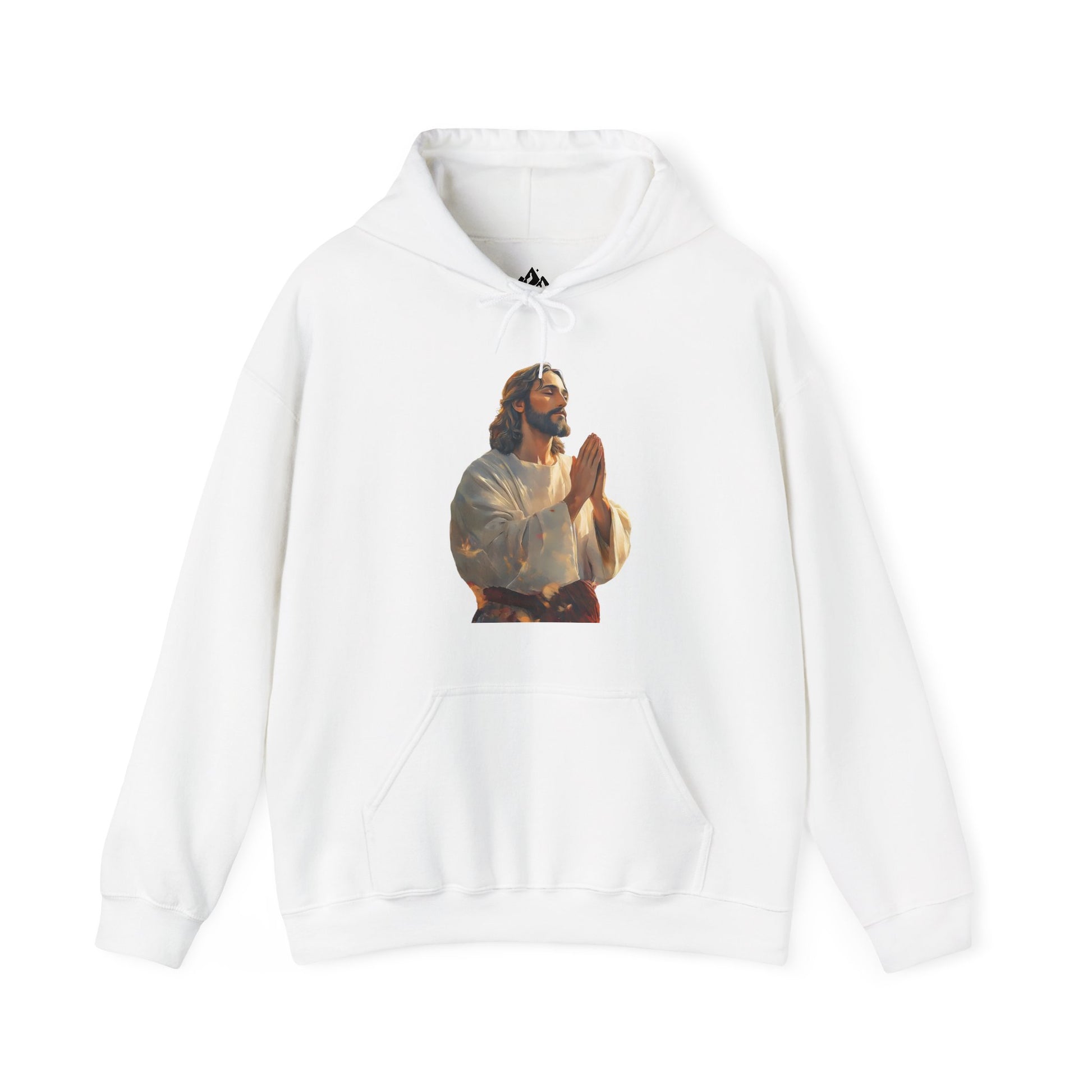 White hoodie featuring praying Jesus illustration, Christian faith apparel, spiritual design