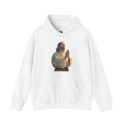 White hoodie featuring praying Jesus illustration, Christian faith apparel, spiritual design