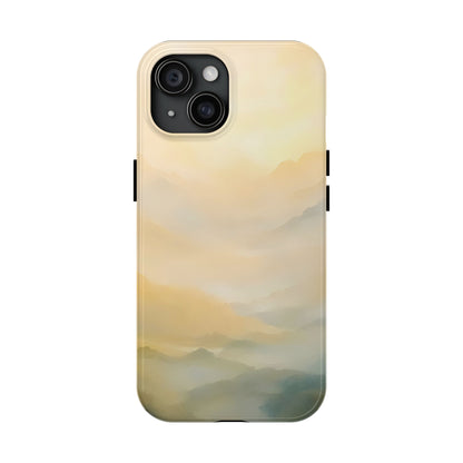 iPhone case with serene pastel mountain landscape watercolor art, minimalist design