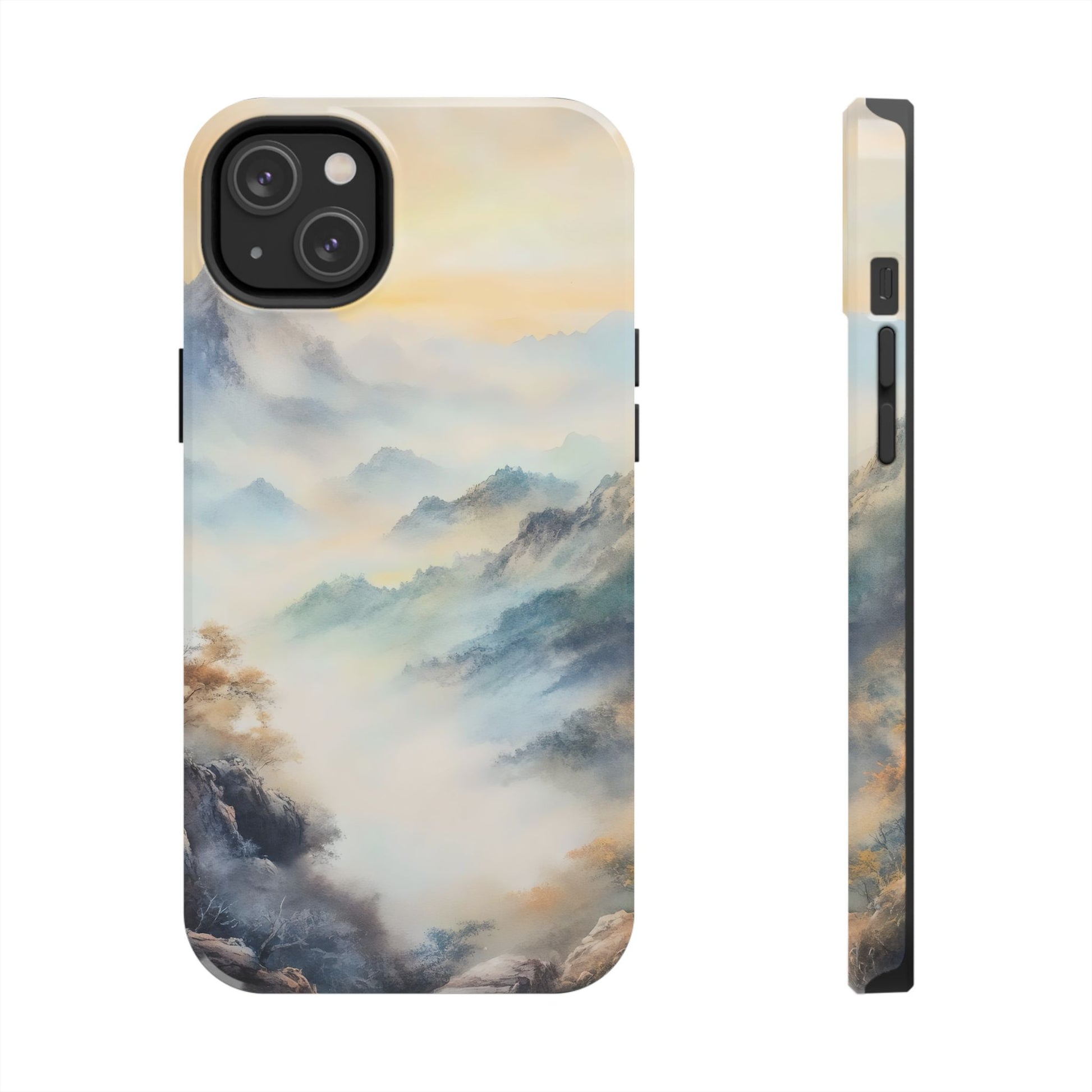 Phone case with tranquil misty mountain landscape, pastel colors, nature-inspired art