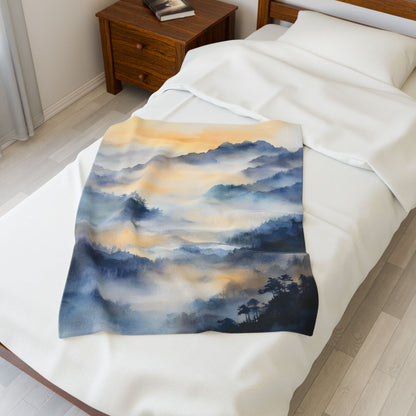 Misty Mountain Landscape Velveteen Plush Blanket — blanket displayed on a bed