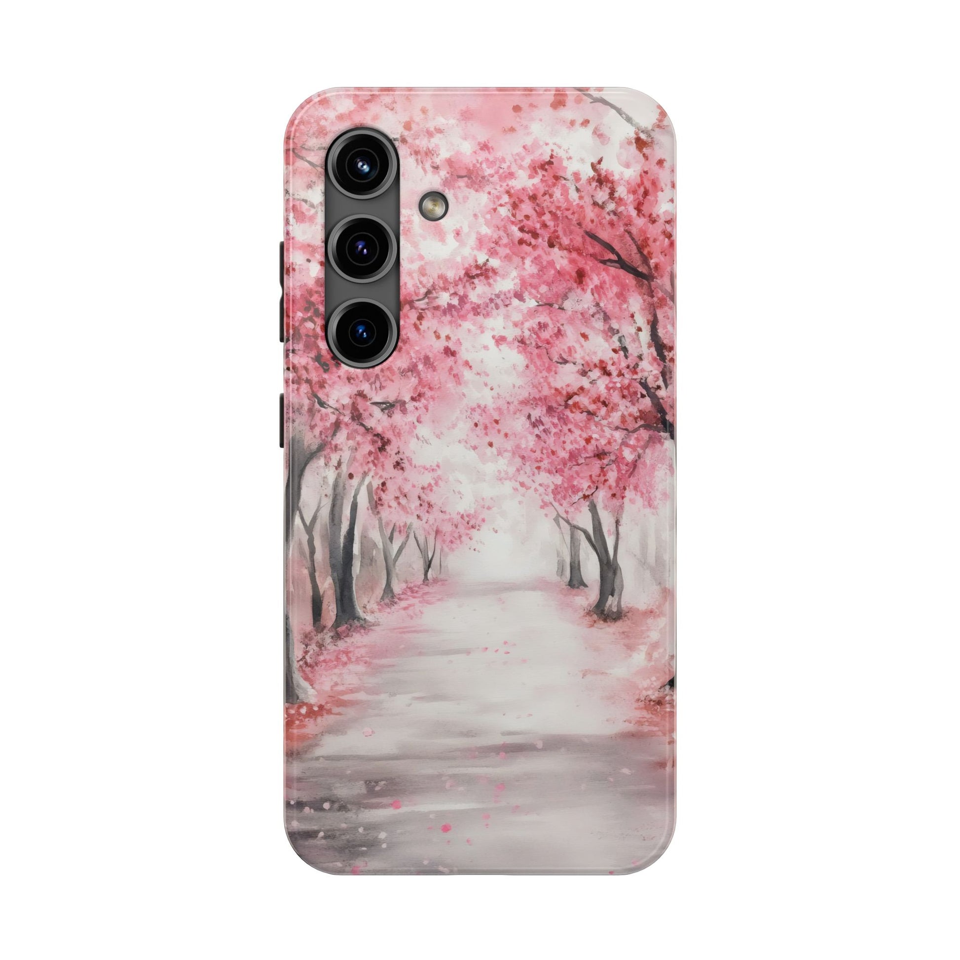 Phone case with serene pink cherry blossom trees and peaceful pathway watercolor art