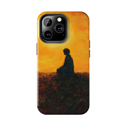 Phone case with silhouette of person meditating at sunset, spiritual and mindful art