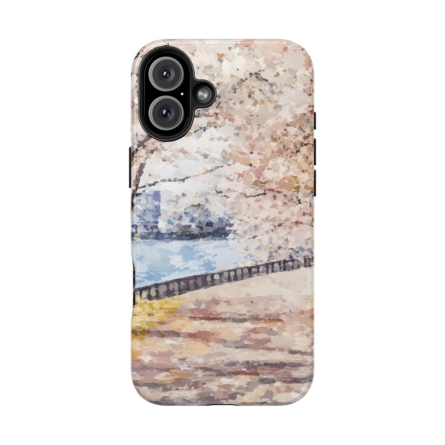 Phone case with pastel watercolor cherry blossom tree by a riverside path