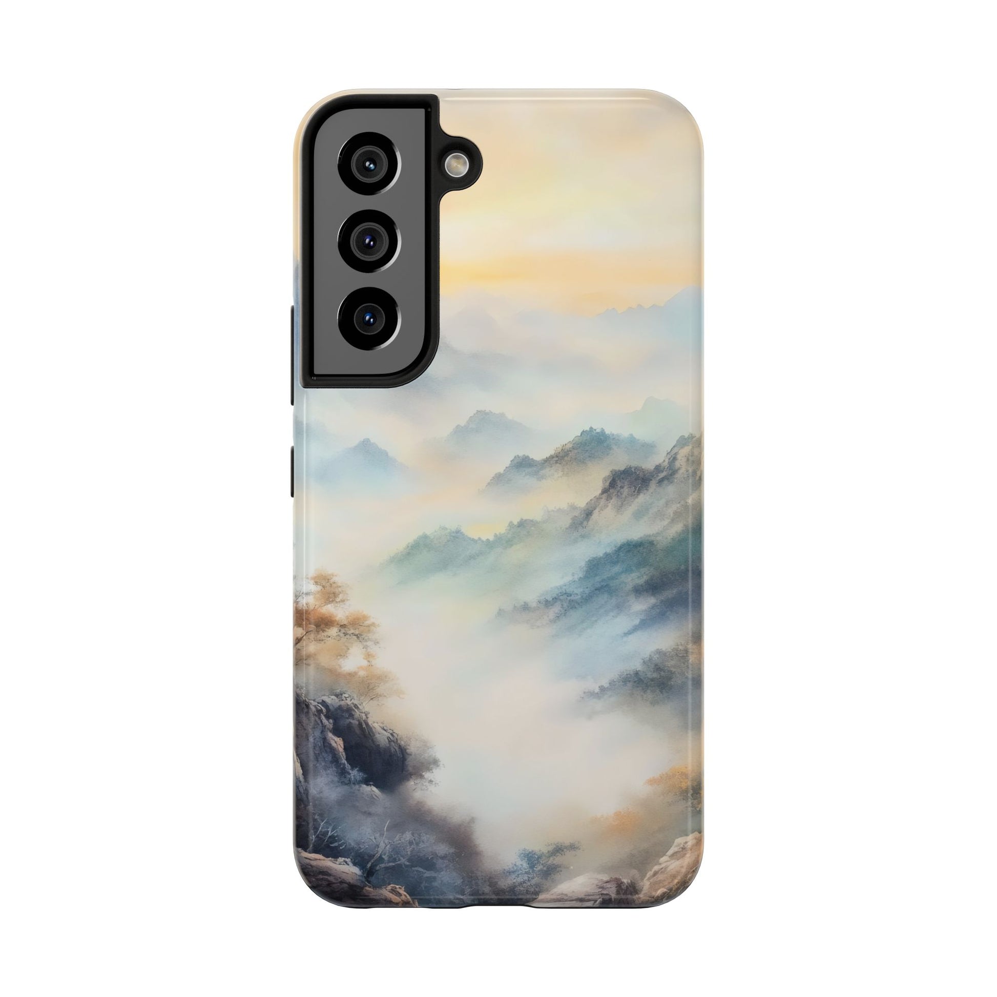 Phone case with serene mountain landscape in soft pastel colors and misty clouds