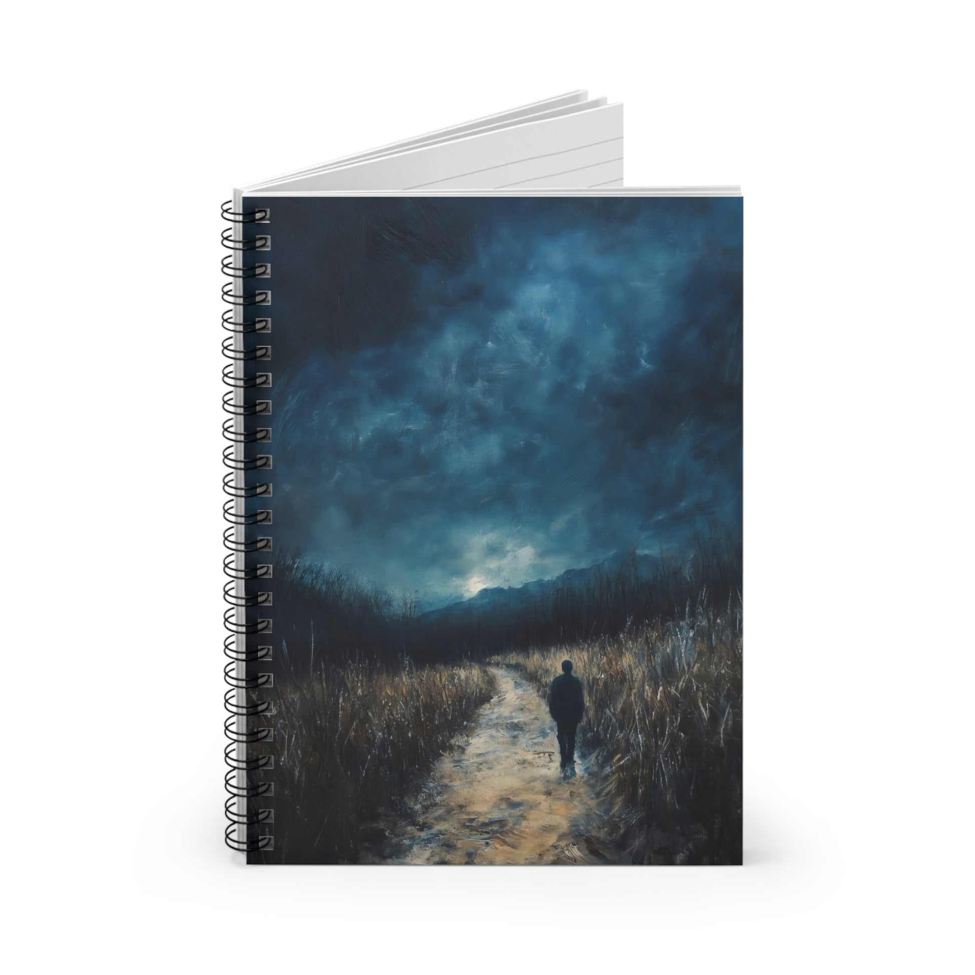 Spiral notebook with moody night landscape cover art showing lone figure walking a path under a dark sky