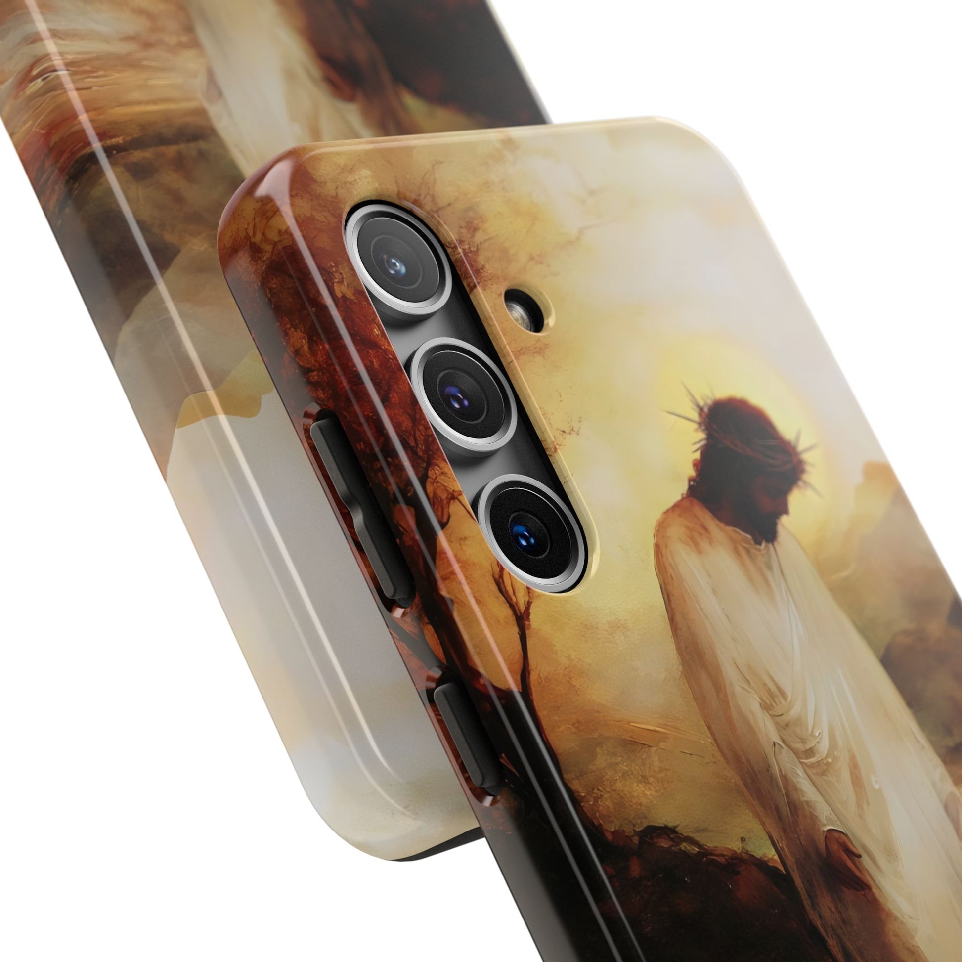 Christian phone case featuring somber illustration of Jesus with crown of thorns, faith-inspired art
