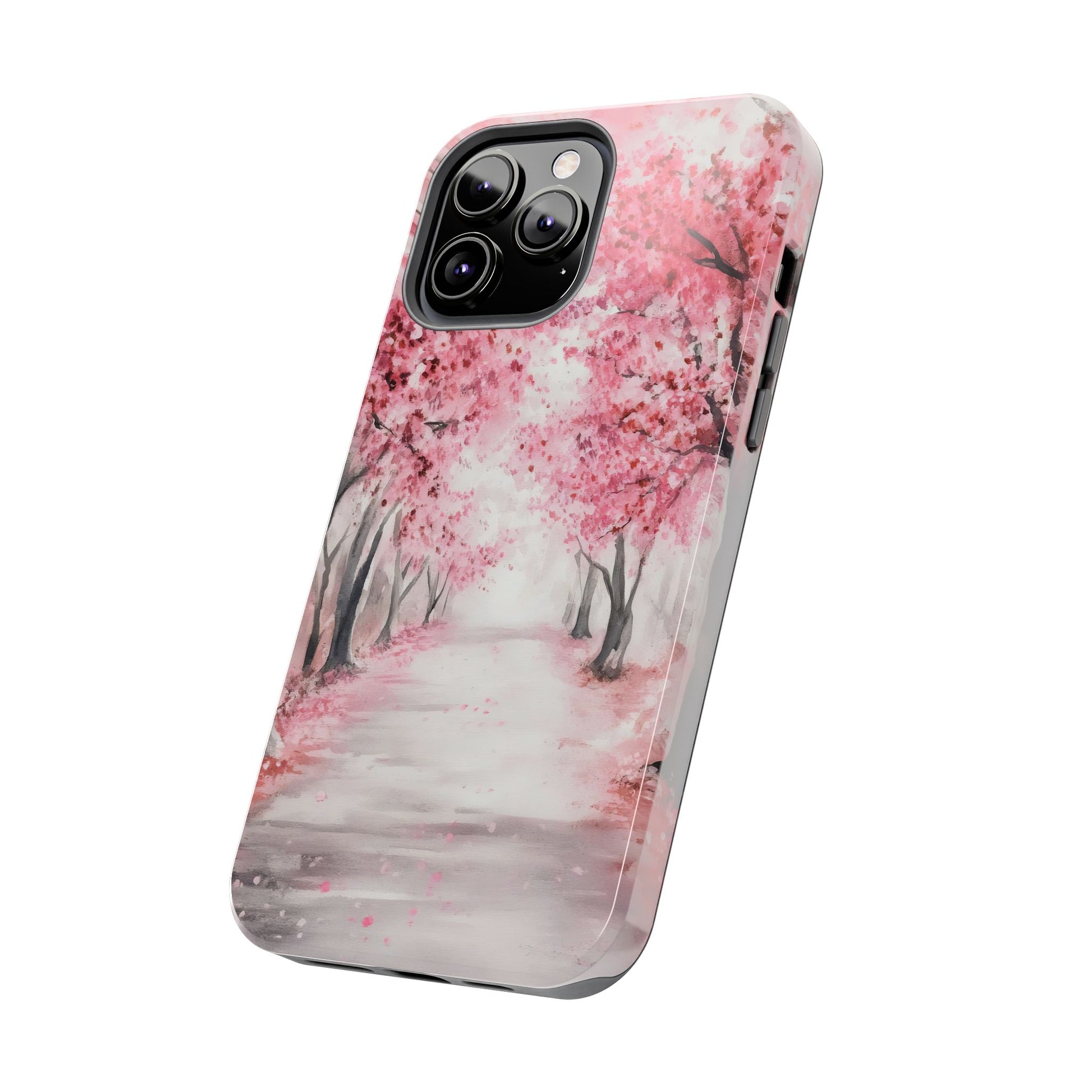 Phone case with pink cherry blossom trees and peaceful path design, spiritual home decor