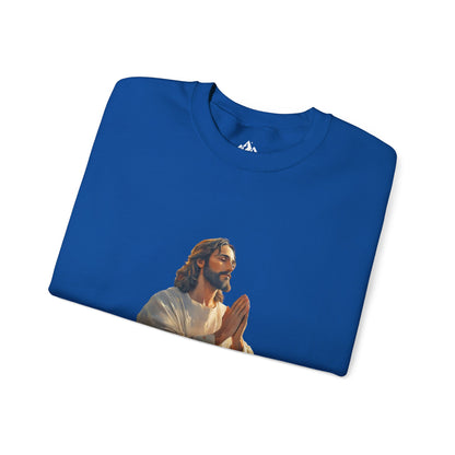 Blue Christian t-shirt with praying Jesus artwork, faith-inspired clothing