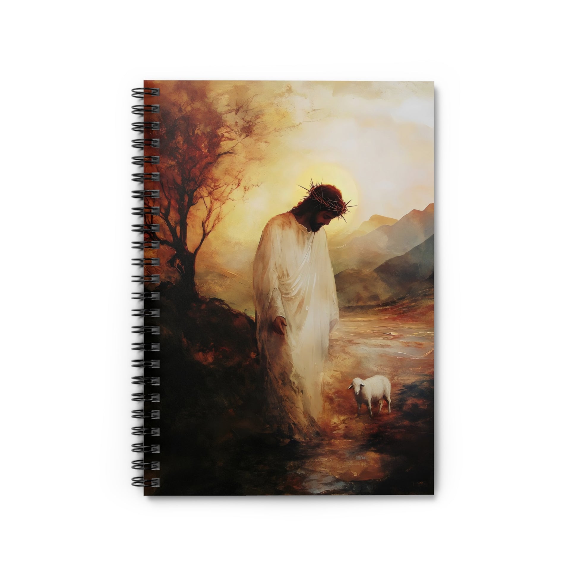 Christian spiral notebook with Jesus and lamb artwork, mountains and glowing sunrise background