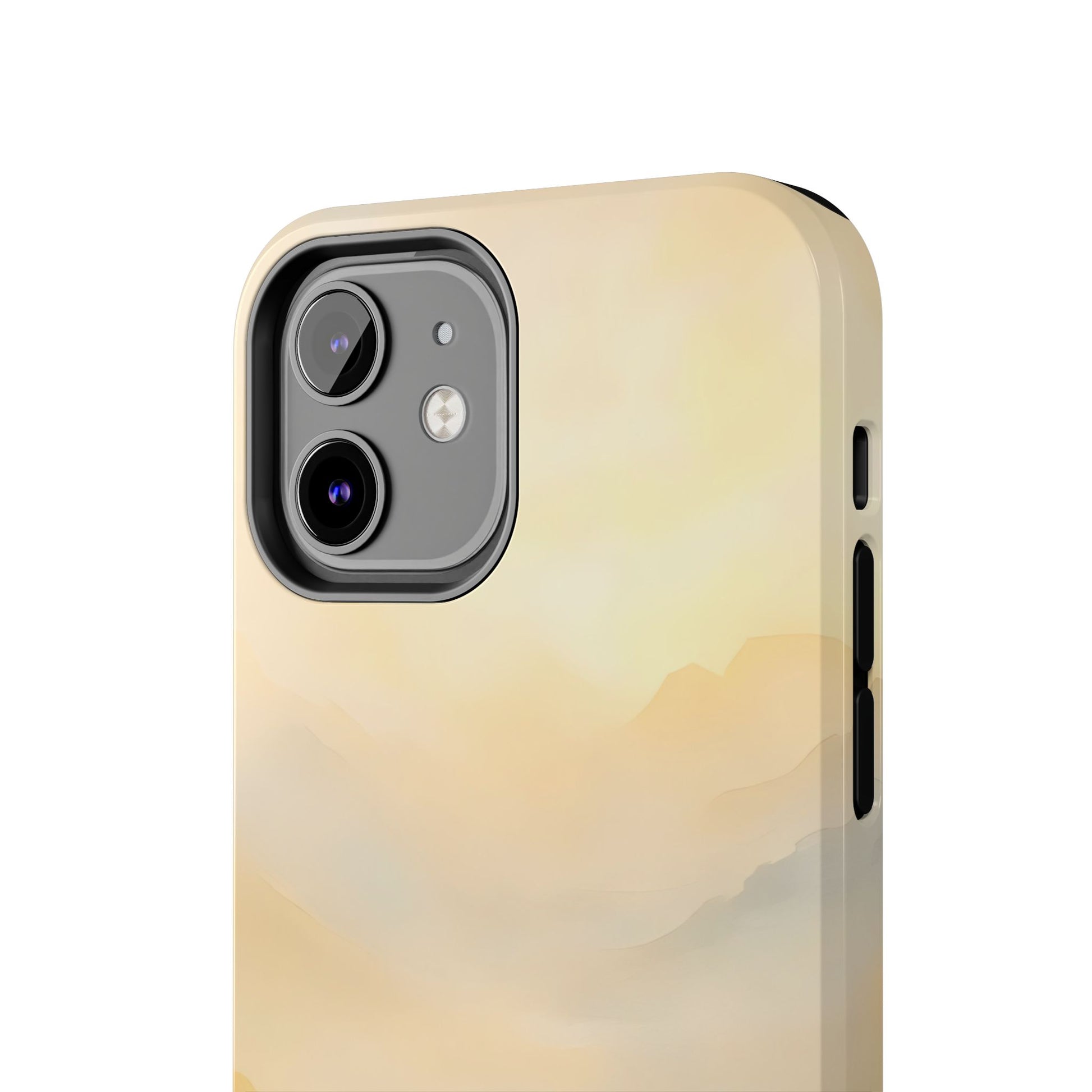 Minimalist phone case with soft pastel mountain landscape and matte finish