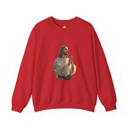 Red Christian sweatshirt with praying Jesus graphic, faith-inspired apparel