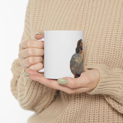 Woman holding white mug with praying Jesus artwork, Christian faith-inspired home decor