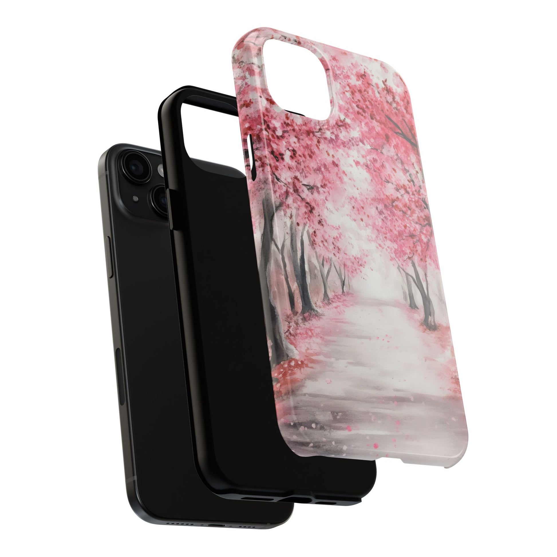 Phone case with pink cherry blossom tree path design, spiritual and nature inspired illustration