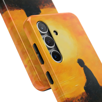 Christian art phone case with silhouette of person sitting at sunset in contemplative pose