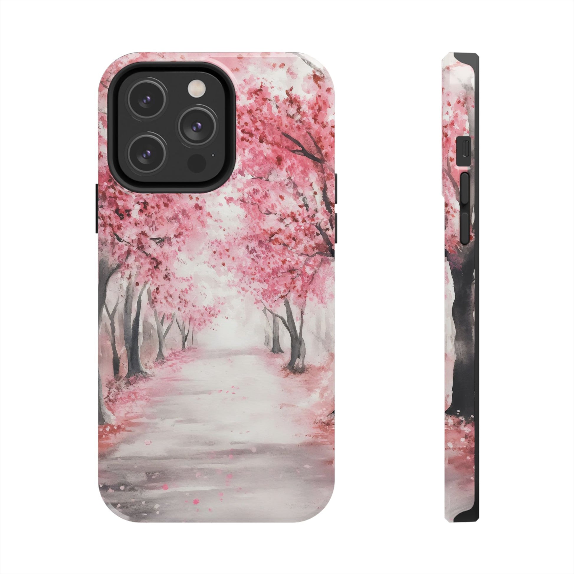 Phone case with pink cherry blossom tree pathway, watercolor art, serene nature design