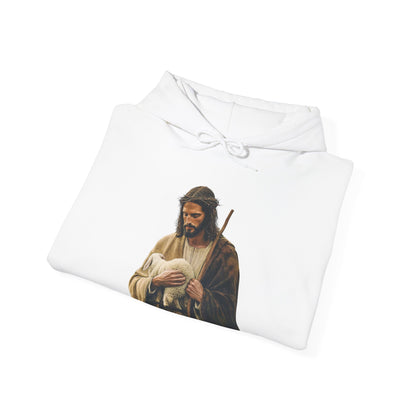 White hoodie with a depiction of Jesus holding a lamb, Christian faith-inspired apparel