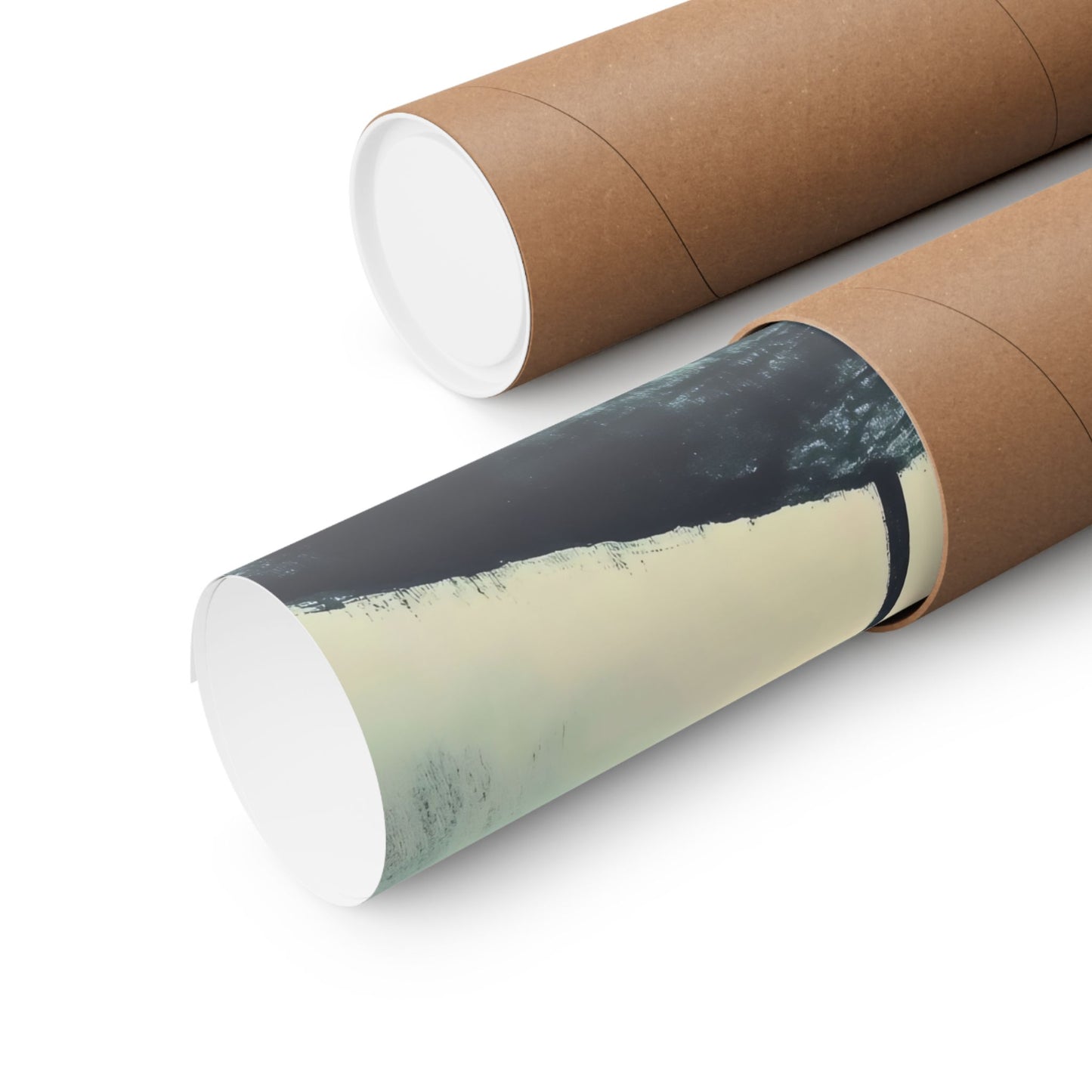 Rolled wall art poster with serene abstract landscape in a cardboard tube