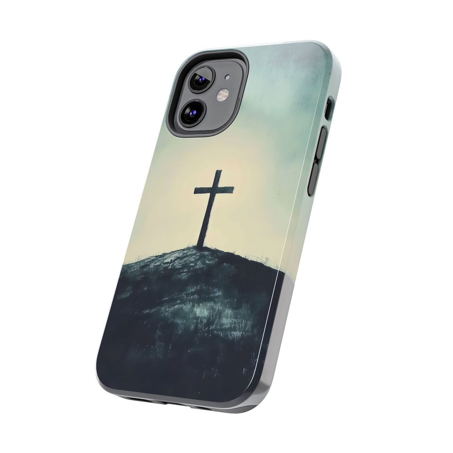 Christian phone case with cross on hill, faith-inspired minimalist design