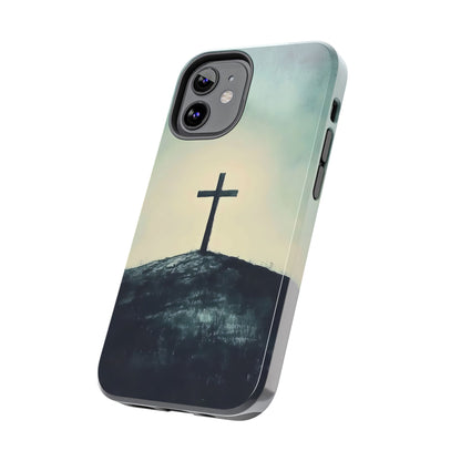 Christian phone case with cross on hill, faith-inspired minimalist design