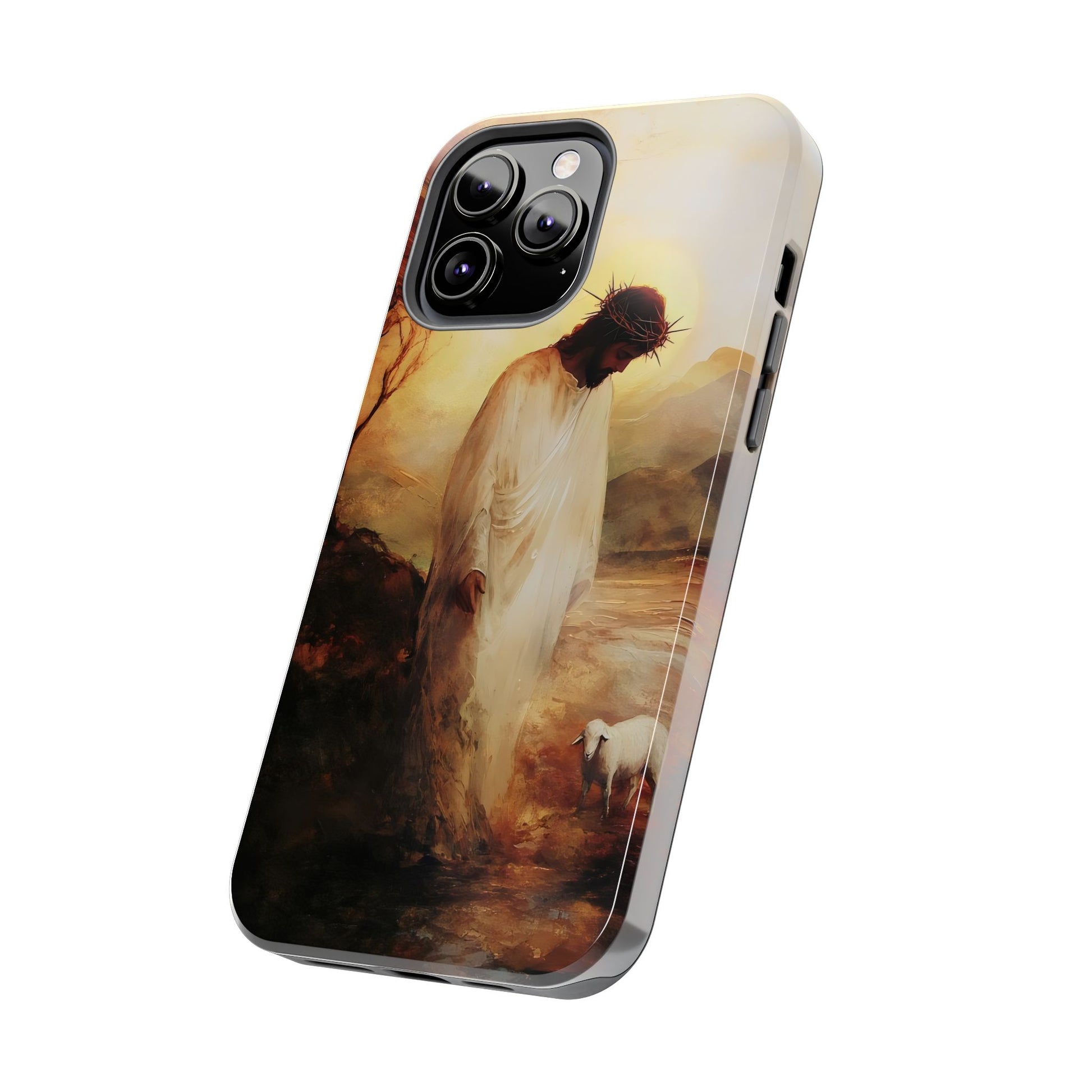 Christian phone case with Jesus and lamb in pastoral scene, faith-inspired art design