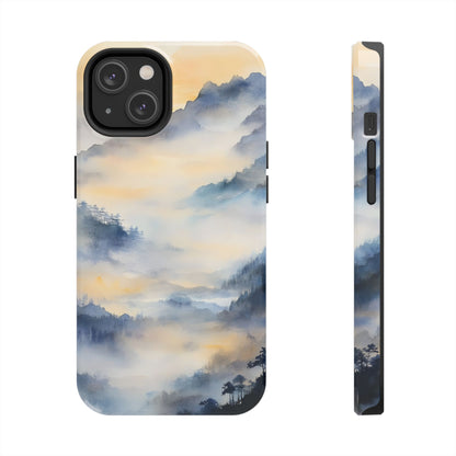 Phone case with serene watercolor mountain landscape and mist, spiritual nature art design