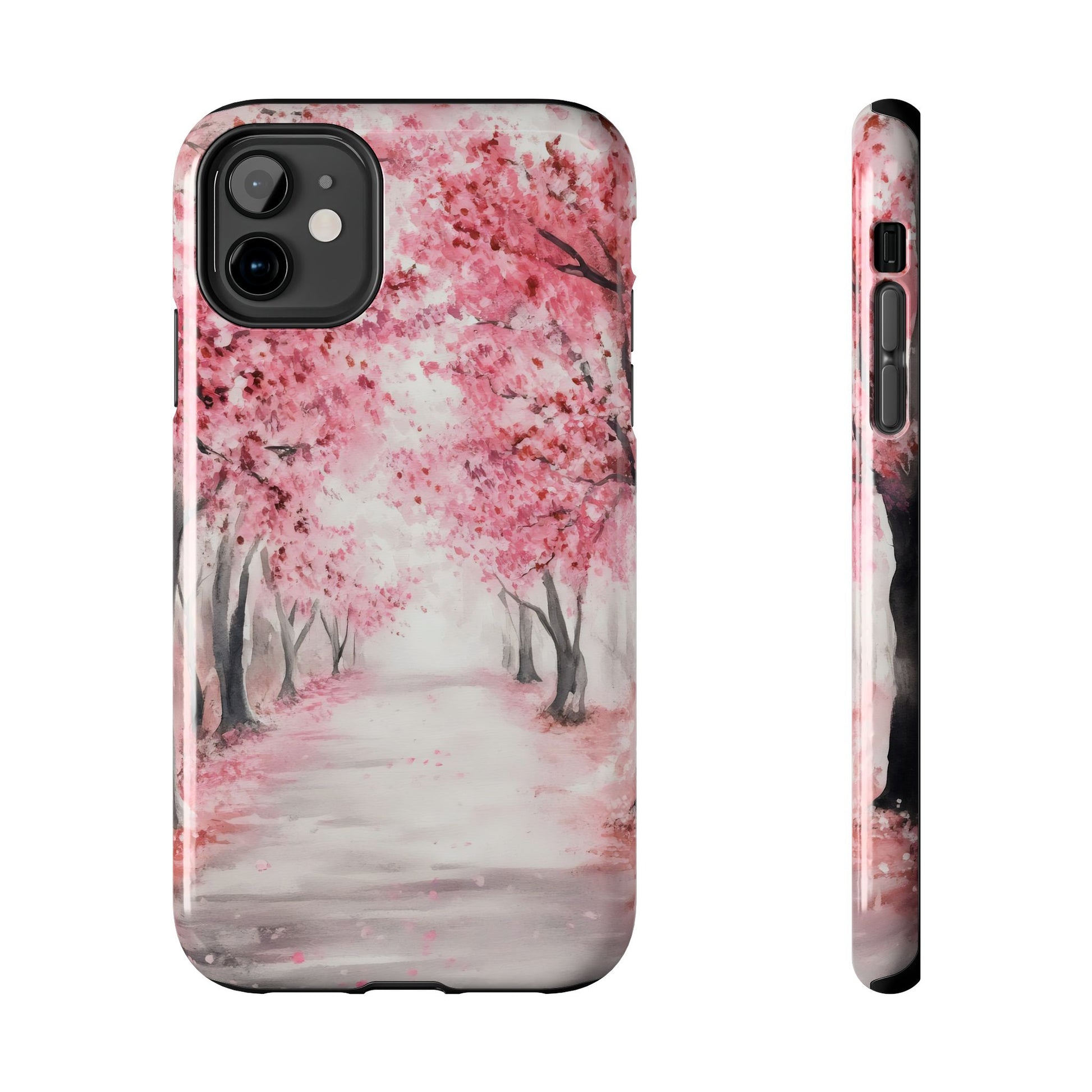 Phone case with pink cherry blossom trees and peaceful misty path design