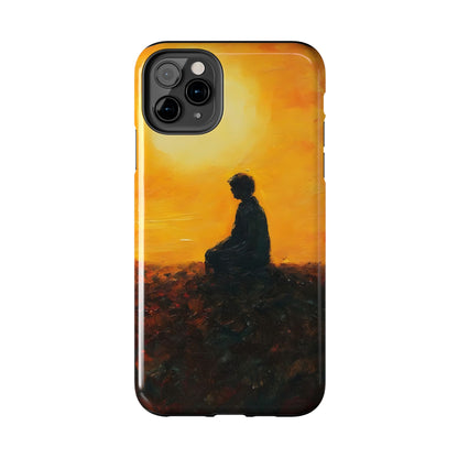 Phone case with silhouette of person meditating at sunset, spiritual art design
