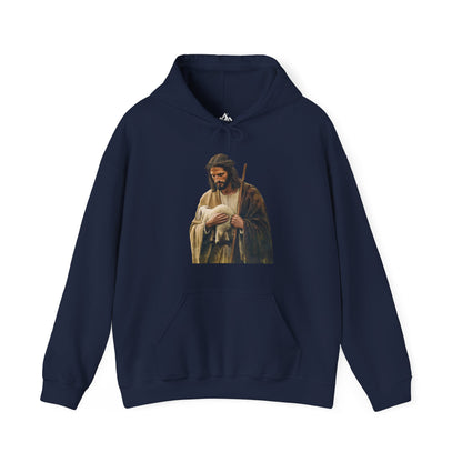 Navy blue Christian hoodie with artwork of shepherd holding lamb, faith-inspired apparel