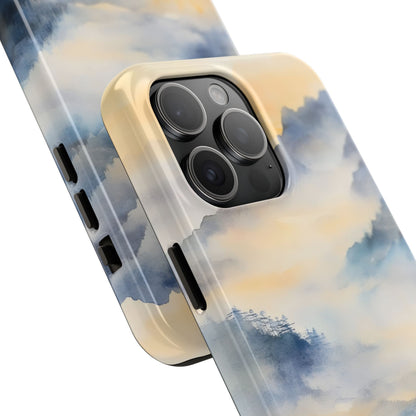Phone case with watercolor mountain landscape and soft blue, gold, and cream tones.