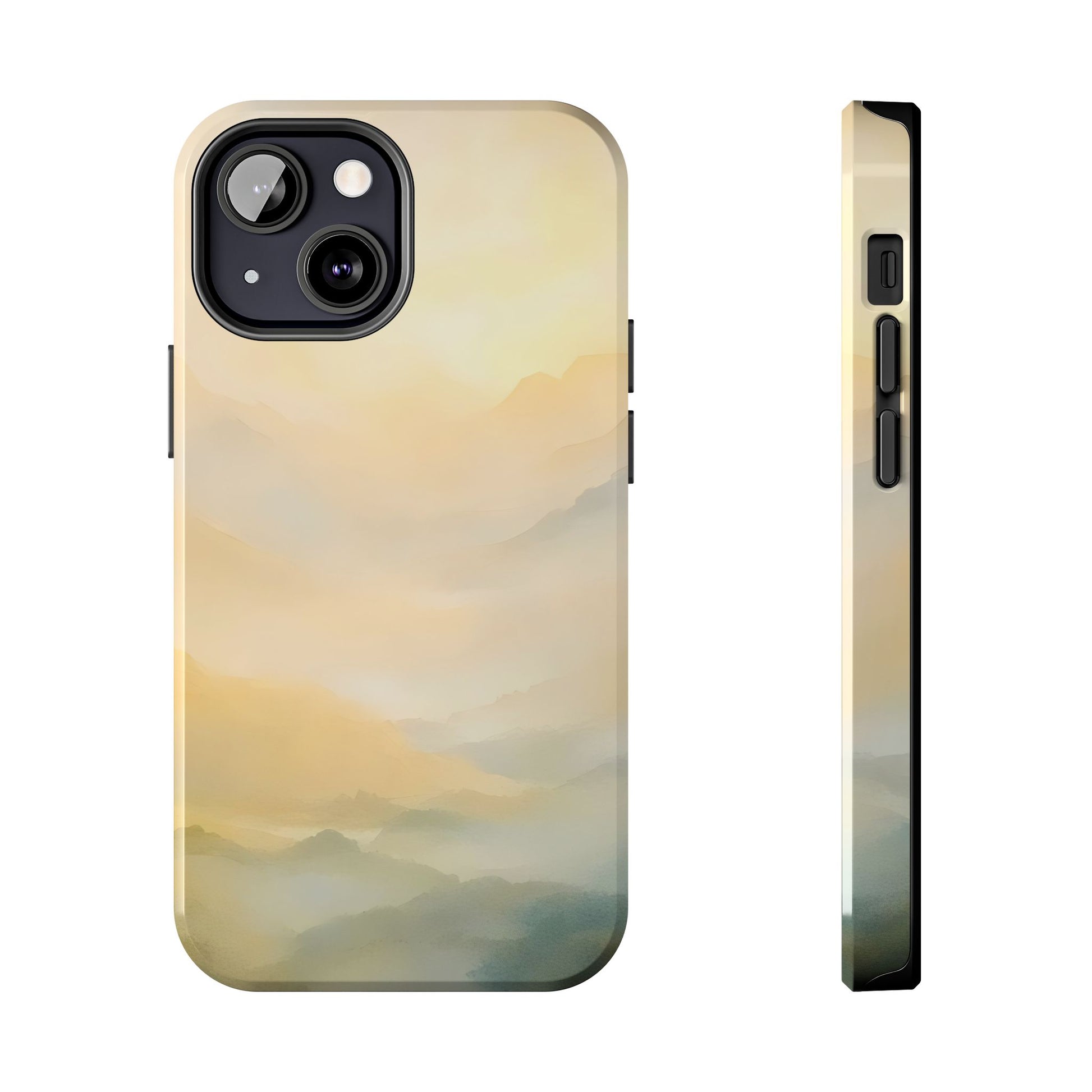 iPhone case with serene pastel watercolor mountain landscape design
