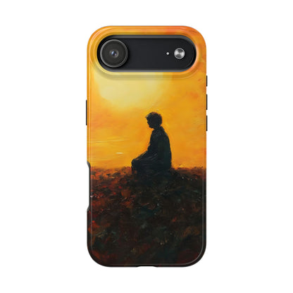 Phone case with silhouette of meditating person at sunset on abstract landscape background