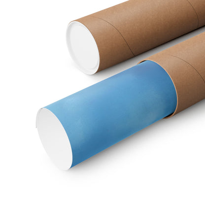 Blue poster rolled in a cardboard mailing tube on a white background