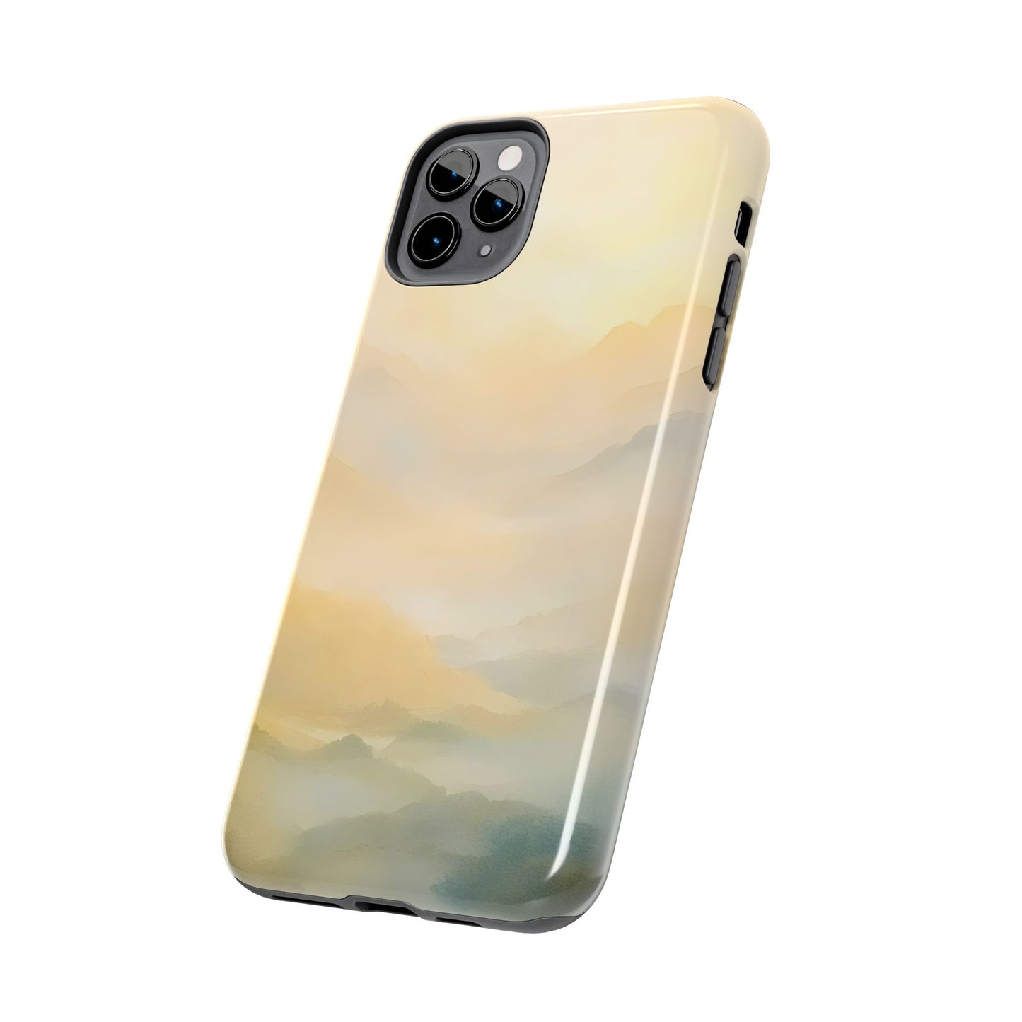iPhone case with serene pastel mountain landscape and minimalist, spiritual design