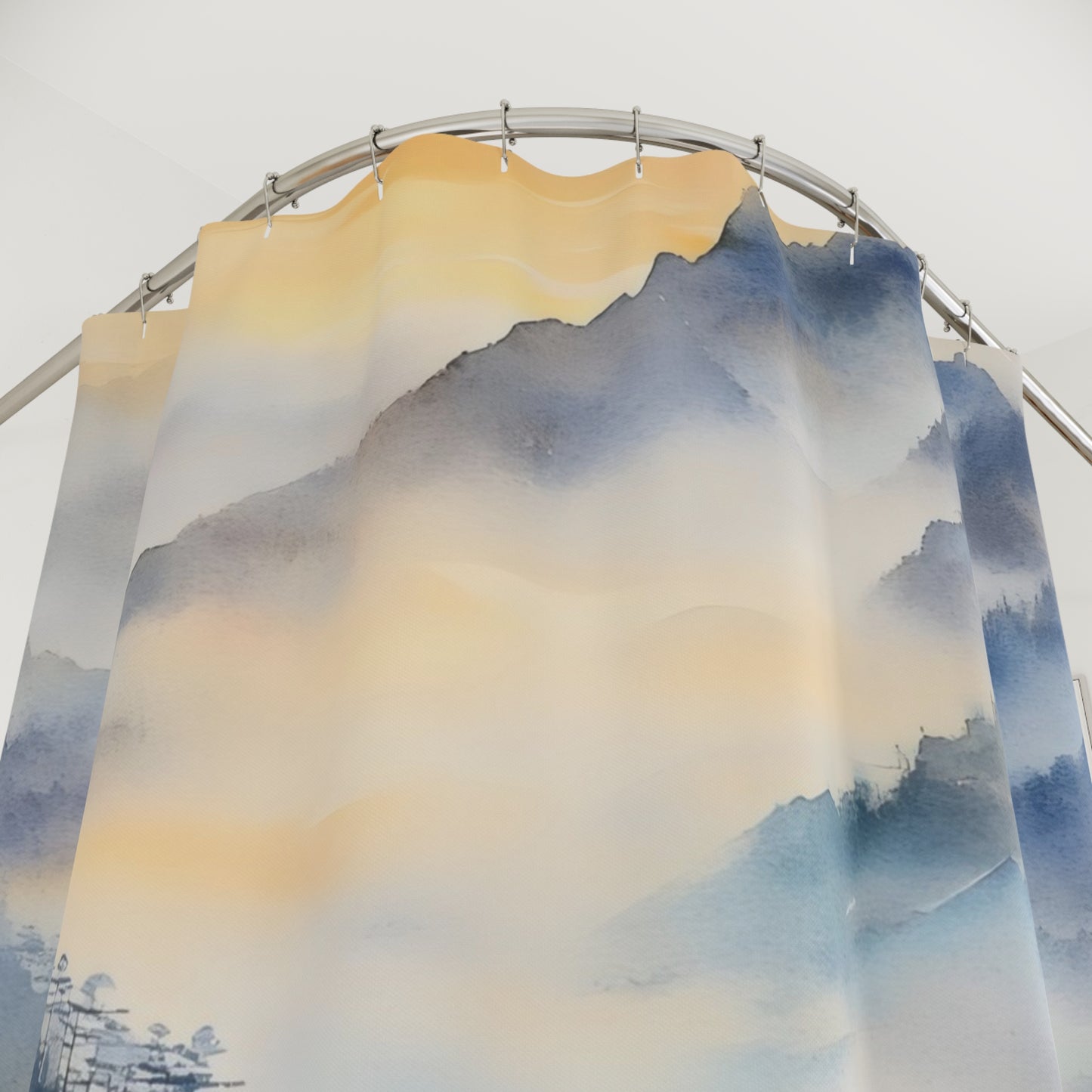Serene shower curtain with blue and gold watercolor mountain landscape, peaceful bath decor