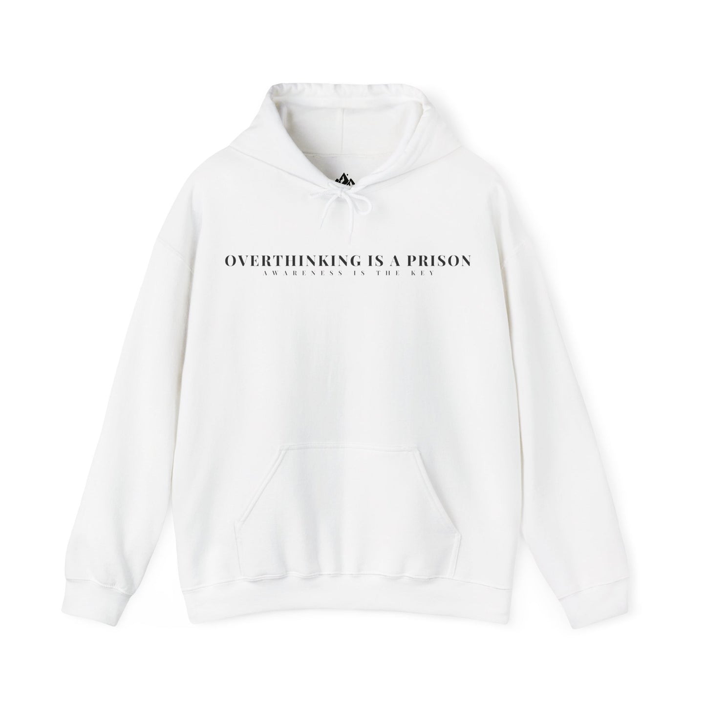 White Christian hoodie with 'Overthinking is a prison, awareness is the key' text design