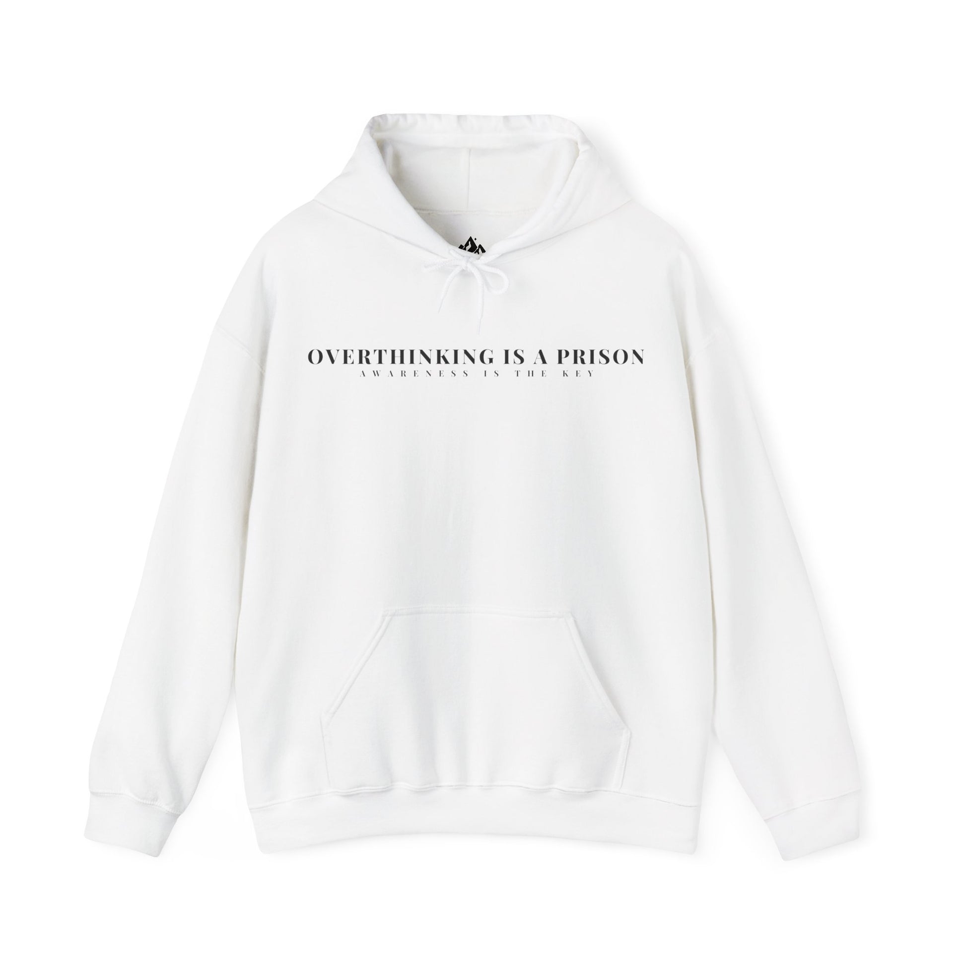 White Christian hoodie with 'Overthinking is a prison, awareness is the key' text design
