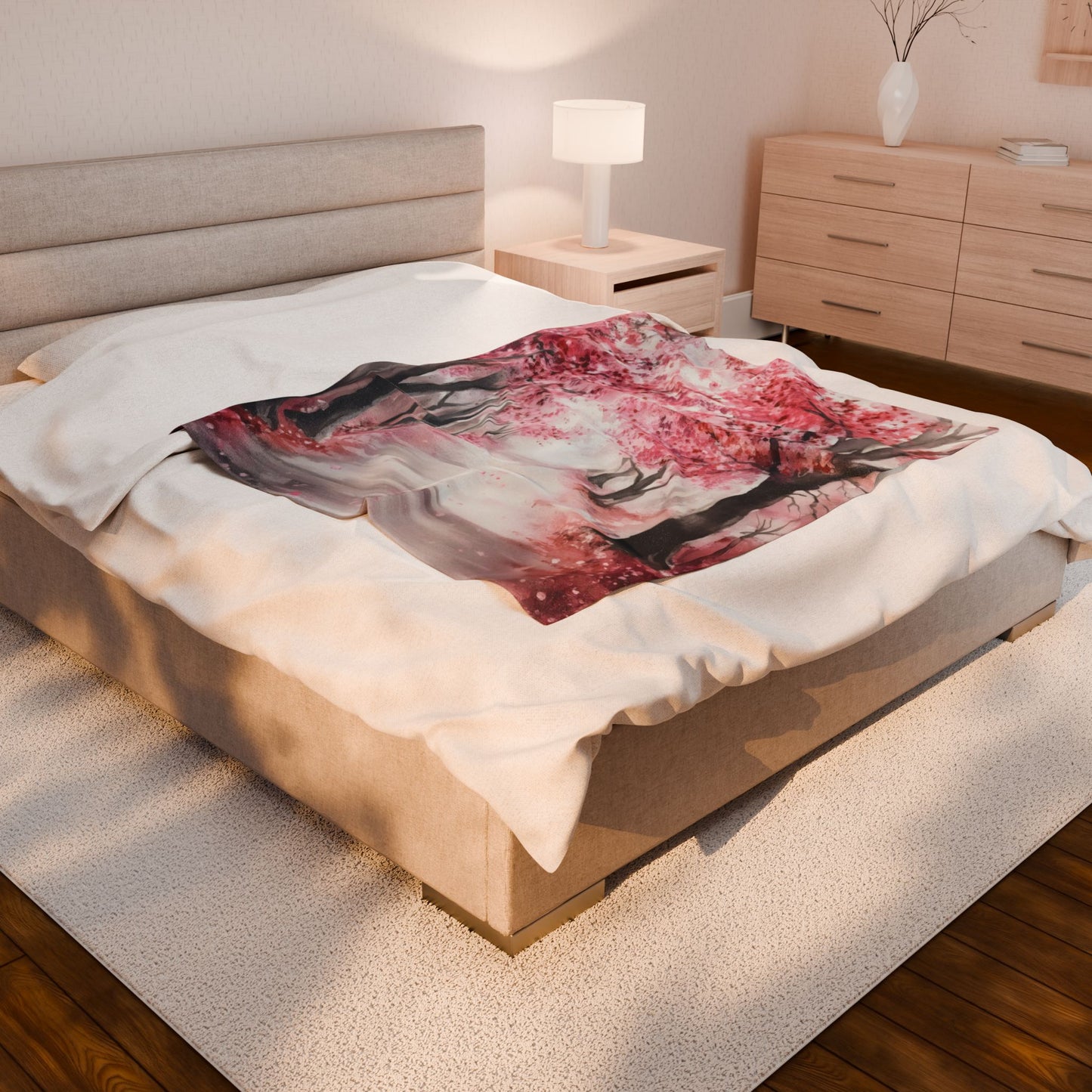 Cherry Blossom Path Velveteen Plush Blanket | Pink Tree Scenic Throw