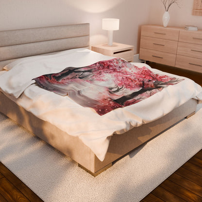Cherry Blossom Path Velveteen Plush Blanket — alternate bedroom mockup